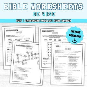 Youth Bible Study Games: BE WISE Printable Activity Worksheets, Church Games - Word Search| Bible Quiz| Crossword Puzzle|