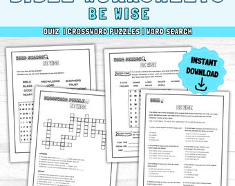 Jeux d'étude de la Bible pour les jeunes : fiches d'activités imprimables SOYEZ WISE, jeux d'église - Recherche de mots| Quiz biblique| Mots croisés|