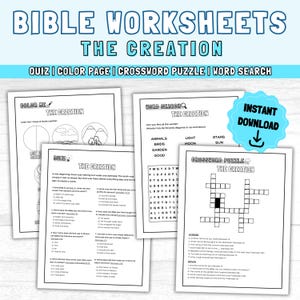 Youth Bible Study Games: THE CREATION Printable Activity Worksheets, Church Games - Word Search| Bible Quiz| Crossword Puzzle| Color Page