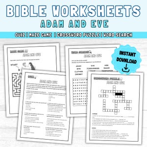 Youth Bible Study Games: ADAM AND EVE Printable Activity Worksheets, Church Games - Word Search| Bible Quiz| Crossword Puzzle| Maze Game