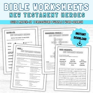 Youth Bible Study Games: NEW TESTAMENT HEROES Printable Activity Worksheets - Word Search| Bible Quiz| Crossword Puzzle| Matching Activity