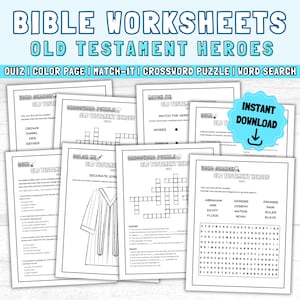 Youth Bible Study Games: OLD TESTAMENT HEROES Printable Worksheets- Word Search| Bible Quiz| Crossword Puzzle| Color Page| Matching Activity