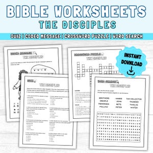 Youth Bible Study Games: THE DISCIPLES Printable Activity Worksheets, Church Games- Word Search| Bible Quiz| Crossword Puzzle| Coded Message