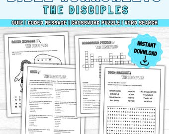 Jeux d'étude de la Bible pour les jeunes : feuilles d'activités imprimables LES DISCIPLES, jeux d'église-recherche de mots| Quiz biblique| Mots croisés| Message codé