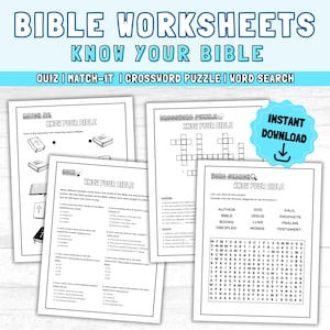 Youth Bible Study Games: KNOW YOUR BIBLE Printable Activity Worksheet, Church Games-Word Search| Bible Quiz| Crossword Puzzle| Matching Game