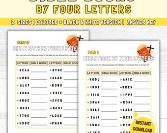 Books of the Bible Printable: 4-Letters Clue Challenge, Bible Games, Sunday School, Kids Bible Activity, Youth Group Games, Bible Quiz