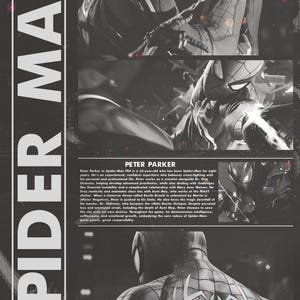 Op de afbeelding: Een zwart-wit afbeelding van Spider-Man in actie. De afbeelding bevat de tekst "SPIDER MAN" verticaal aan de linkerkant en een beschrijving van Peter Parker.