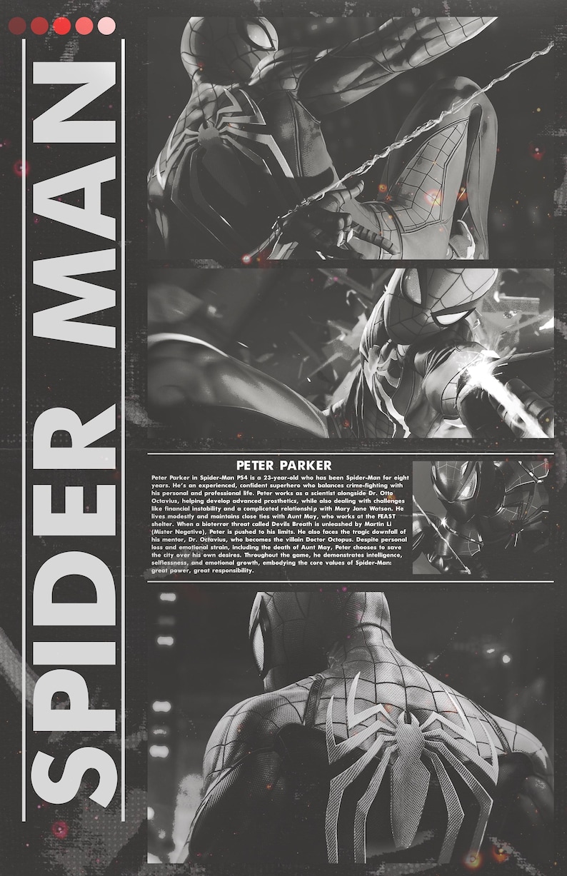Op de afbeelding: Een zwart-wit afbeelding van Spider-Man in actie. De afbeelding bevat de tekst "SPIDER MAN" verticaal aan de linkerkant en een beschrijving van Peter Parker.