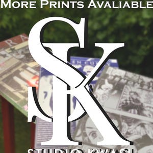 May include: White text on a black background reads "MORE PRINTS AVAILABLE" above a white graphic of the letters "SK" with the text "STUDIO KWASI" below. The graphic is on a table with a blurred background of green foliage.