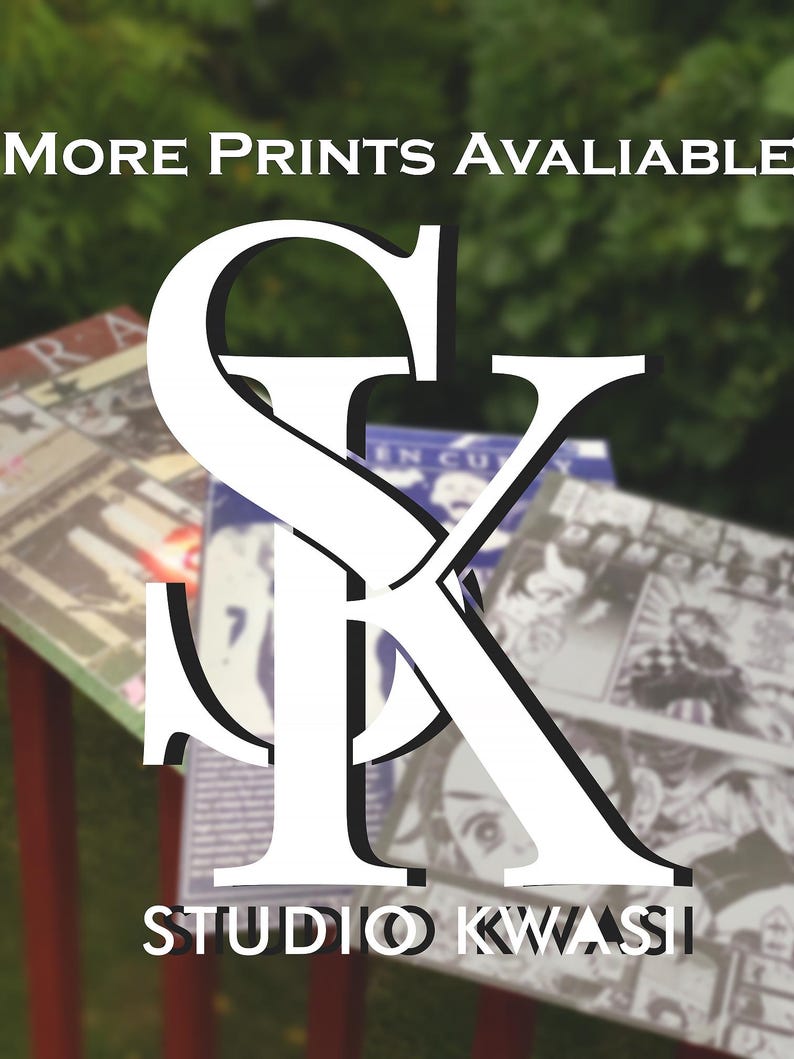 May include: White text on a black background reads "MORE PRINTS AVAILABLE" above a white graphic of the letters "SK" with the text "STUDIO KWASI" below. The graphic is on a table with a blurred background of green foliage.