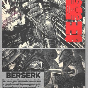 K&ouml;nnte beinhalten: Schwarz-Wei&szlig;-Manga-Illustration mit einem Krieger in R&uuml;stung und einem gro&szlig;en Schwert. Das Bild zeigt das Wort "BERSERK" in fetter Schrift unten und roten japanischen Text auf der rechten Seite.