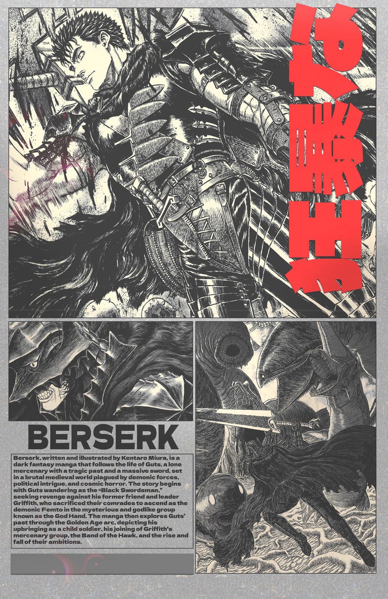 K&ouml;nnte beinhalten: Schwarz-Wei&szlig;-Manga-Illustration mit einem Krieger in R&uuml;stung und einem gro&szlig;en Schwert. Das Bild zeigt das Wort "BERSERK" in fetter Schrift unten und roten japanischen Text auf der rechten Seite.