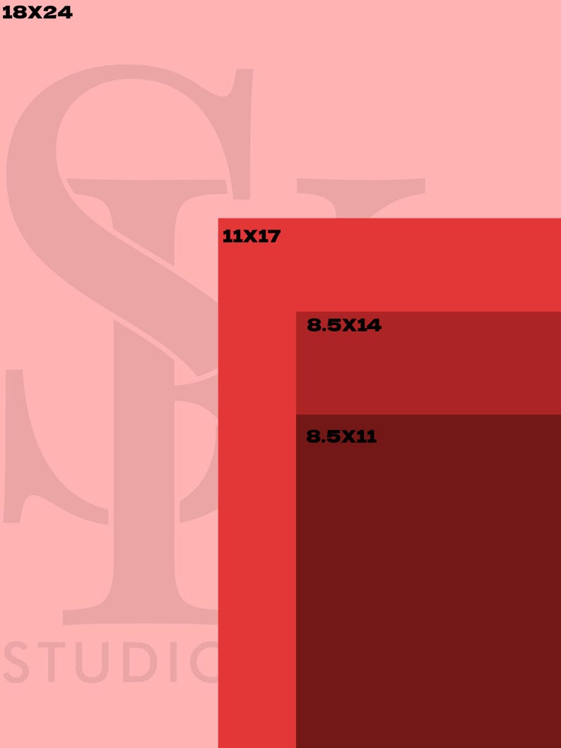 May include: A graphic design template with three red and maroon rectangles. The rectangles are labeled with the dimensions 11x17, 8.5x14, and 8.5x11.