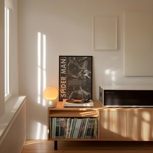 Op de afbeelding: Een houten kast met een verzameling vinylplaten, een platenspeler en een "Spider-Man" poster. Een witte en oranje globe lamp staat op de kast. De kast heeft een zwart-wit stereosysteem.