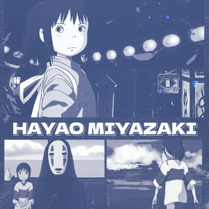 May include: A blue and white poster with the title "Spirited Away" in Japanese and English. The poster features a young girl with dark hair and a white dress, a No Face character, and a scene from the movie. The poster also includes the name "Hayao Miyazaki" in white letters.