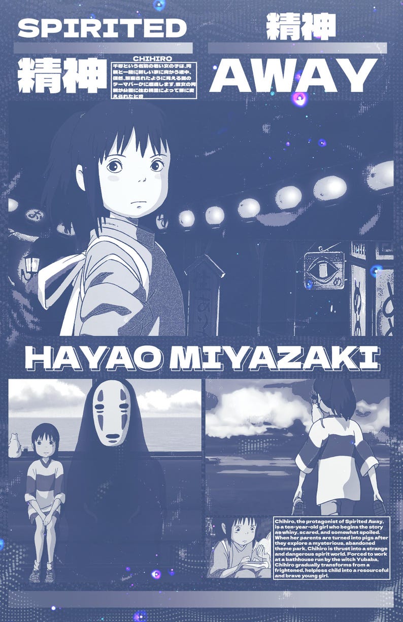 May include: A blue and white poster with the title "Spirited Away" in Japanese and English. The poster features a young girl with dark hair and a white dress, a No Face character, and a scene from the movie. The poster also includes the name "Hayao Miyazaki" in white letters.