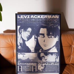 May include: A framed poster with a blue and white color scheme featuring a character from the anime Attack on Titan. The poster has the text "Levi Ackerman" and "Captain Levi" printed on it.