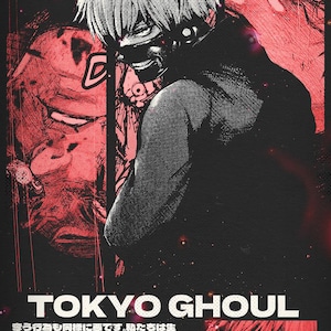 May include: A black and white illustration of a character from the anime Tokyo Ghoul. The character has white hair and is wearing a black mask. The background is red and black.
