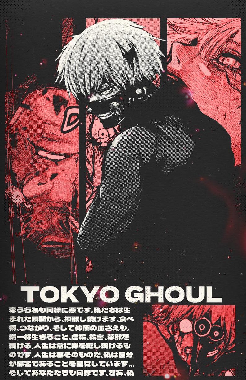 May include: A black and white illustration of a character from the anime Tokyo Ghoul. The character has white hair and is wearing a black mask. The background is red and black.