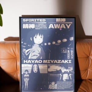 May include: A framed poster with a blue background featuring the Japanese animated film "Spirited Away" by Hayao Miyazaki. The poster includes the Japanese title "Sen to Chihiro no Kamikakushi" and the English title "Spirited Away". The poster also includes a scene from the film with the main character Chihiro.