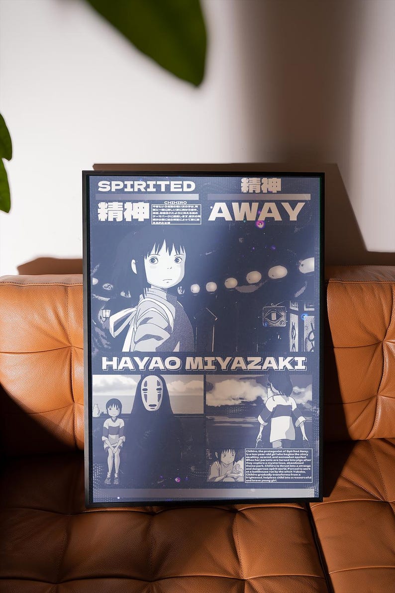 May include: A framed poster with a blue background featuring the Japanese animated film "Spirited Away" by Hayao Miyazaki. The poster includes the Japanese title "Sen to Chihiro no Kamikakushi" and the English title "Spirited Away". The poster also includes a scene from the film with the main character Chihiro.