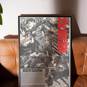 K&ouml;nnte beinhalten: Gerahmter Schwarz-Wei&szlig;-Berserk-Manga-Kunstdruck. Der Druck zeigt eine detaillierte Illustration eines Kriegers mit einem Schwert und japanischem Text in Rot. Das Wort "BERSERK" ist in fetten wei&szlig;en Buchstaben gedruckt.