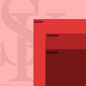 May include: A graphic design template with three different sized rectangles. The largest rectangle is 11 inches by 17 inches and is red. The middle rectangle is 8.5 inches by 14 inches and is a darker red. The smallest rectangle is 8.5 inches by 11 inches and is a dark burgundy.