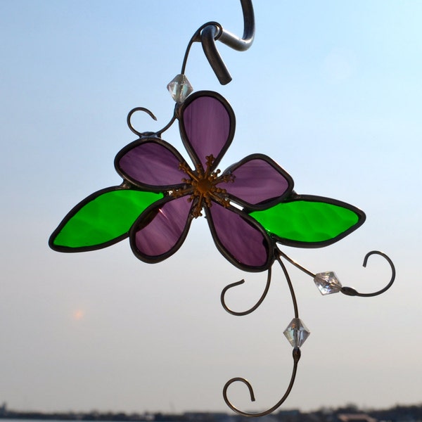 Woodland Violet  Stained Glass Suncatcher Free USA Shipping Spring Flower Art Glass Choose Purple or Blue