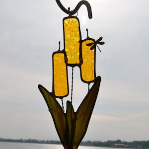 Cattails and Dragonfly Stained Glass Suncatcher