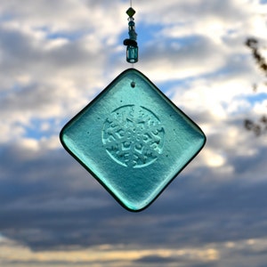 First Snowflake in Turquoise Green Fused Glass Suncatcher