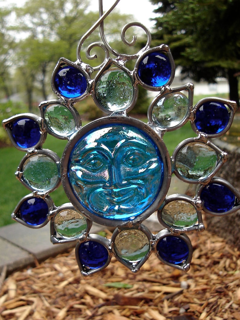 Blue Flower Moon Face Stained Glass Suncatcher Etsy