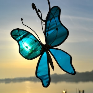 Deep Aqua Butterfly Stained Glass Suncatcher