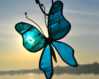 Deep Aqua Butterfly Stained Glass Suncatcher