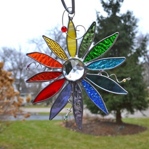 Rainbow Flower of Peace and Hope Stained Glass Suncatcher Diversity Love