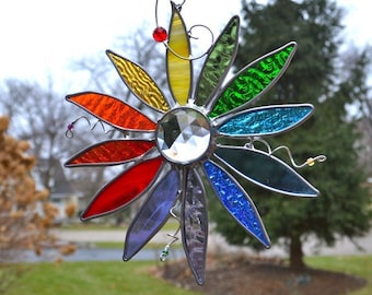 Rainbow Flower of Peace and Hope Stained Glass Suncatcher Diversity Love