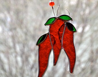Red Chili Peppers  Stained Glass Suncatcher Hot Spicy Kitchen