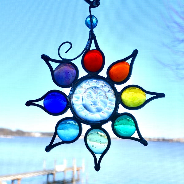 It's a NEW Day! Rainbow Sun Face Stained Glass Sun Catcher  suncatcher