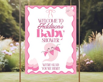 A Little Boo is Almost Due Welcome Sign Printable Baby Shower Welcome Sign Pink Gost Baby Shower Instant Download Welcome Banner Halloween