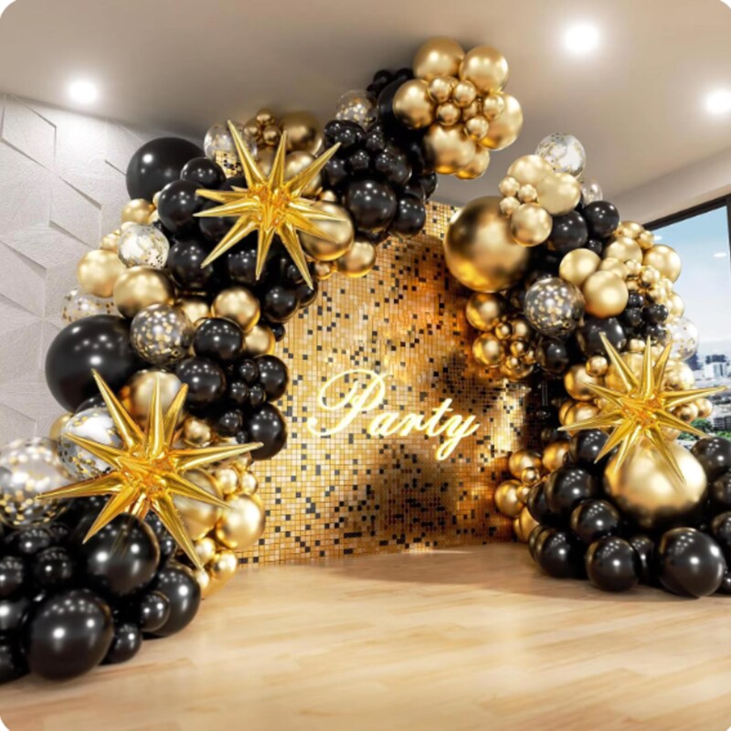 Aperturee Black Gold Sparkle Balloons New Year Arch Backdrop