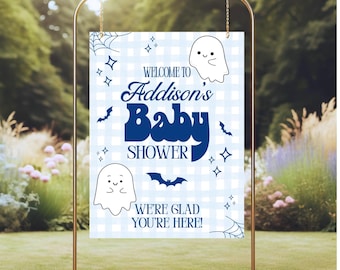 Printable A Little Boo Baby Shower Welcome Sign Blue Gingham Baby Shower Instant Download Welcome Banner Halloween GHost Baby Shower Sign