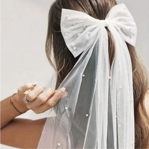 White Tulle Veil Clip Attachment Pearl Detail Bow Accent Bridal Bow Accessory for Wedding Piece Formal Headpiece Elegant Style Bride Look