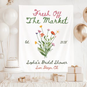 Custom She Off Markt Brautdusche Hintergrund personalisierte frisch vom Markt Banner Schild Farmer Markt Thema Bach Party Foto Hintergrund