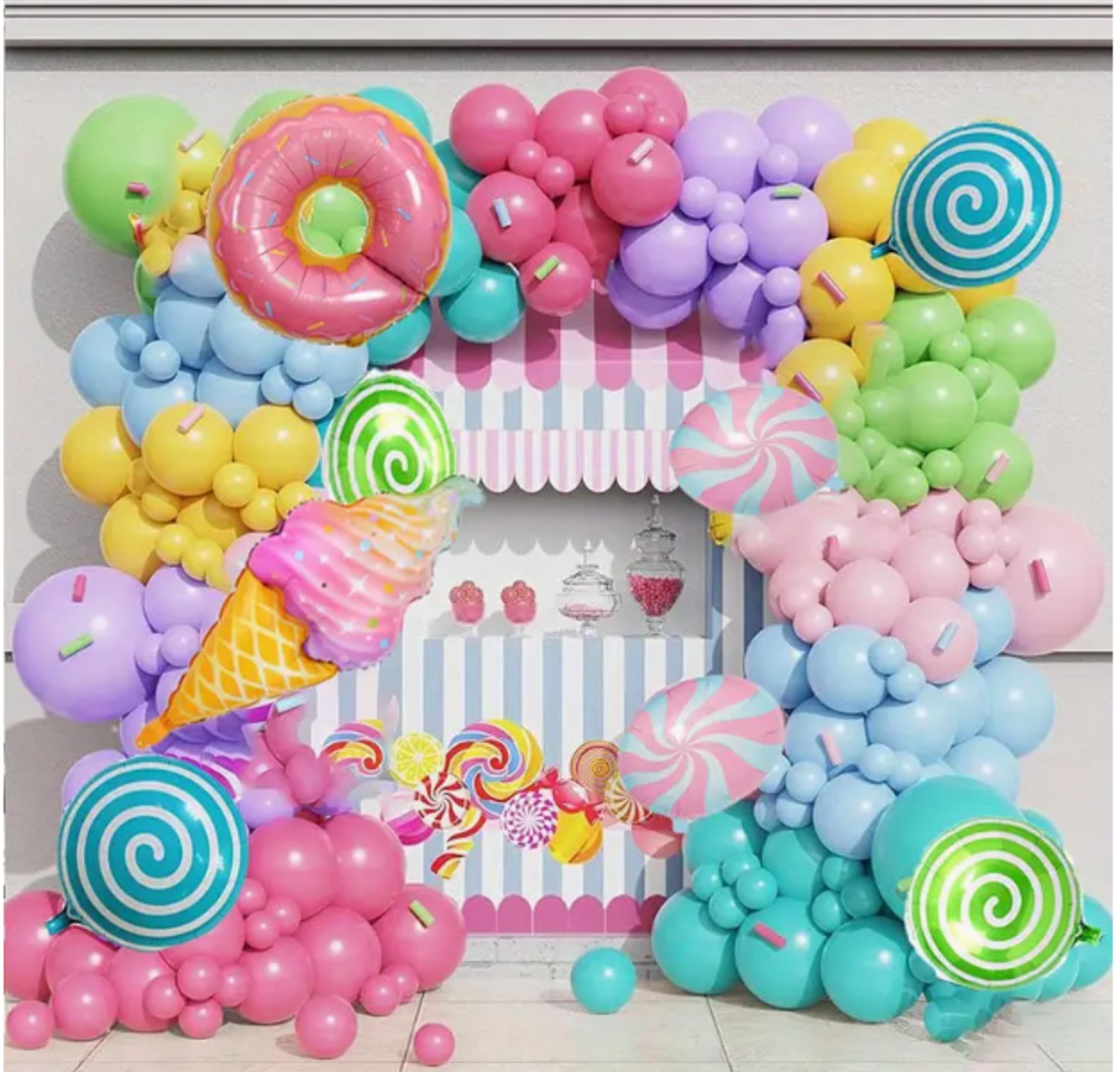 Candy theme balloon arch by ALuxeAffairCo