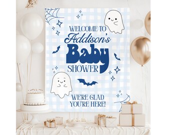Little Boo Wall Tapestry Baby Shower Banner for Halloween Theme Baby Shower Backdrop Blue Gingham Check Decoration A little Boo Almost Due