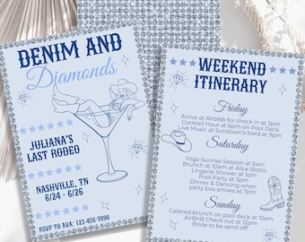 Denim and Diamonds Bachelorette Party Invitation and Itinerary Instant Download Template Last Rodeo Bachelorette Theme Decor for Cowgirl