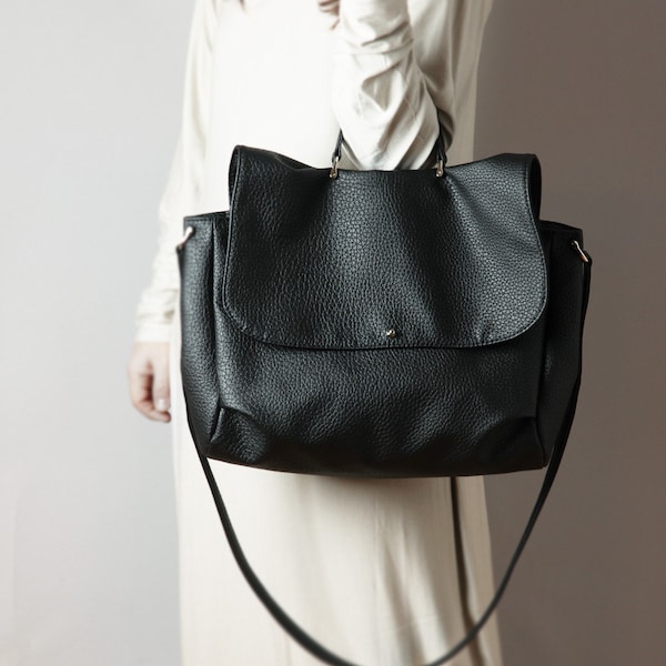 Black satchel bag vegan leather - black messenger bag, crossbody bag, black vegan tote