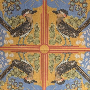 Peut inclure: Un torchon de cuisine décoratif bleu et jaune avec un motif symétrique de géocoucou, de cactus et d'un symbole solaire. Le torchon a un thème du Sud-Ouest avec un motif répétitif d'éléments du désert.