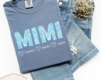 Camiseta floral Mimi, camiseta personalizada com nomes dos netos, camiseta floral Mimi, presentes Mimi, camiseta para o dia das mães, camiseta personalizada com nomes para crianças e avó