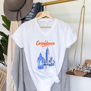 Casablanca Unisex Jersey Short Sleeve V-Neck Tee Casablanca Sweatshirt Pullover Vintage Aesthetic Trendy Travel Destination Gift Unisex Crew
