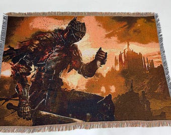 Dark Souls Woven Blanket - Elite Knight & Bonfire Gaming Tapestry - Lordran Video Game Throw - Gothic Medieval Style Room Decor Art